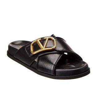 Authentic Valentino Garavani Black leather gold logo plate Slides Size 40 EUC!